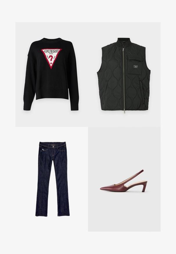 Juodas patalynės liemenė su aukštu apykakle, priekine užtrauktuko kišene ir kairėje krūtinės pusėje kišenė. Tekstūruotas raštas ir ženklas kišenėje.; Guess Jeans BIG TRIANGL - Džemperis - jet black; Tamsiai mėlyni džinsai su tiesaus silueto dizainu, turintys priekinį mygtuką, penkis kišenes ir matomus siūlus palei siūles.; Burgundiškai raudoni slingback aukštakulniai bateliai su smailiu pirštu, išpjovimais šonuose ir vidutinio aukščio blokiniu kulnu. Lygus odos paviršius.