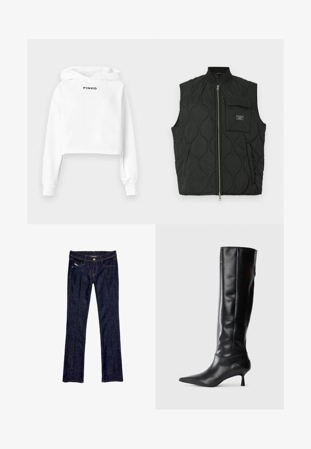 Crni dugmadni prsluk s visokim ovratnikom, zatvaranjem na patentni zatvarač sprijeda i lijevim džepom na prsima. Teksturirani uzorak i brendirana oznaka na džepu.; Bijela skraćena dukserica s kapuljačom i vezicama, s crnim natpisom "PINKO" na prednjoj strani. Izrađena od glatke tkanine s opuštenim krojem.; Tamno plave traperice s ravnim nogavicama, koje imaju prednje kopčanje na gumb, pet džepova i vidljivo šivanje uz šavove.; Crna kožna čizma do koljena s oštrim vrhom i uskim zakrivljenim petama. Glatka tekstura, prilagođeni dizajn i bez vidljivih dodataka ili uzoraka.