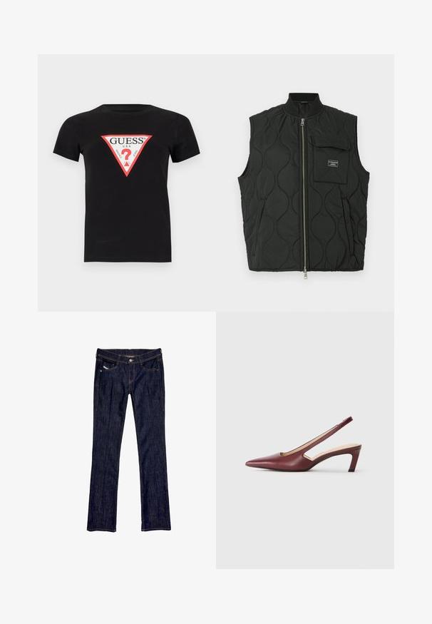 Černá prošívaná vesta s vysokým límcem, přední zipovou přílně a kapsou na levé straně hrudi. Texturovaný vzor a značka na kapse.; Černé bavlněné tričko s krátkým rukávem s trojúhelníkovým logem v červené a bílé barvě a textem "GUESS U.S.A." se znakem otazníku uprostřed.; Tmavě modré džíny z denimu se střihem rovného nohavice, s předním zapínáním na knoflík, pěti kapsami a viditelným švem podél švů.; Vínové slingback podpatky s špičatou špičkou, výřezy na straně a středně vysokým blokovým podpatkem. Hladký kožený povrch.