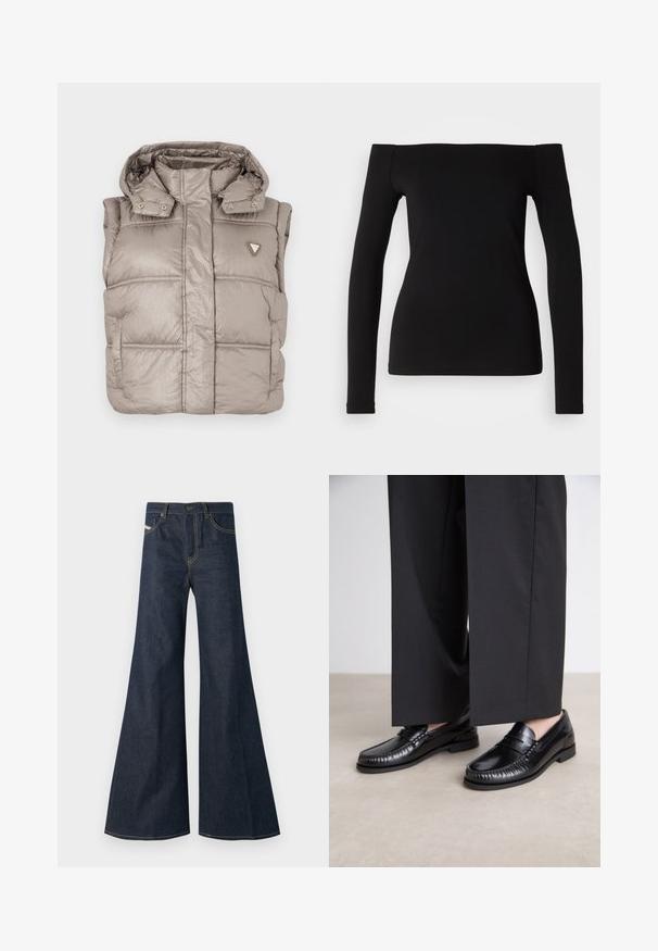 Lätt beige pufferväst med en glänsande yta, hög krage, tryckknappar och en diamantlogotyp på vänster bröst.; Svart långärmad topp med avskuren axel, slätt tyg, figursydd design och en sömlös fåll. Enkel och minimalistisk stil.; Mörkblå utsvängda jeans i denim med hög midja, gyllene sömnadsdetaljer och två framfickor med knäppning.; Svarta läderskor med en slät yta, stickad detalj runt tån och en låg gummisula. I kombination med breda svarta byxor.