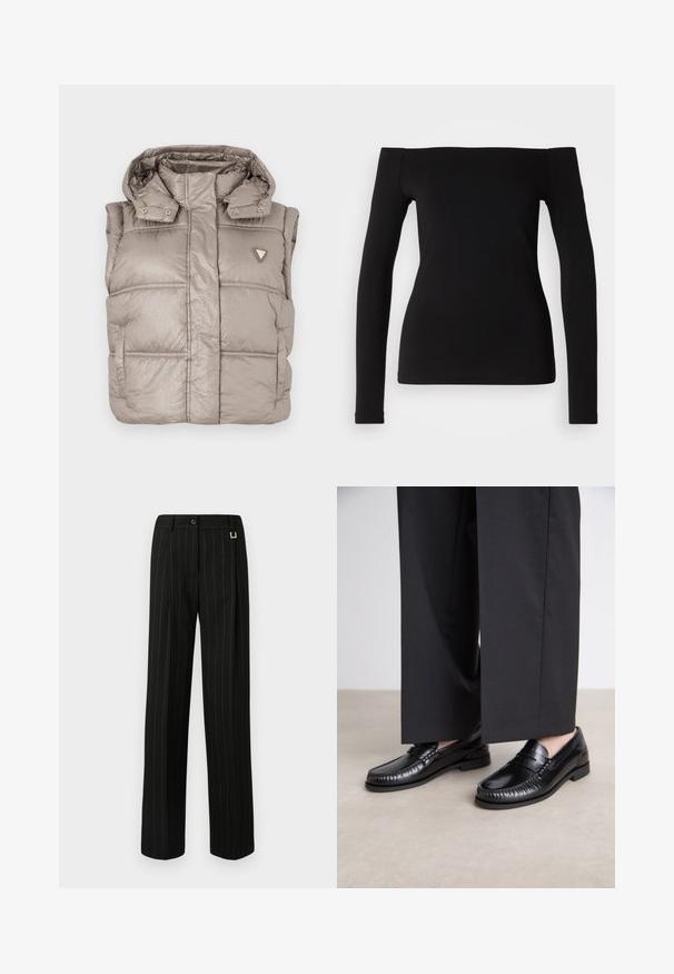 Lichte beige puffer vest met een glanzende afwerking, hoge kraag, drukknoopsluiting en een diamanten logo op de linkerborst.; Zwart langemouwen top met off-shoulder halslijn, gladde stof, aansluitend ontwerp en een naadloze zoom. Eenvoudige en minimalistische stijl.; Zwarte pinstripe broeken met wijde pijpen, voorzien van een riemlus, knoopsluiting en een gestructureerde stof. Accenten met subtiele gouden hardware.; Zwarte leren instappers met een gladde afwerking, gestikte details rond de teen en een lage rubberen zool. Gepaard met brede zwarte broeken.