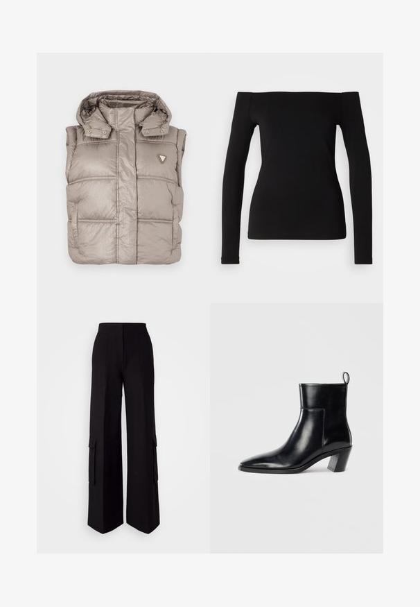 Könnyű bézs puffervest, fényes felülettel, magas gallérral, patent gombokkal és bal mellen elhelyezett gyémánt logóval.; Fekete hosszú ujjú felső vállföldi nyakkivágással, sima anyagból, testhezálló fazonnal és varrat nélküli szegéllyel. Egyszerű és minimalista stílus.; HUGO HIMANA - Oldalzsebes nadrágok - black; Fekete bőr bokacsizma hegyes orral, geometrikus, rétegelt sarokkal és hátsó húzófüllel. Sima textúra és kifinomult dizájn.