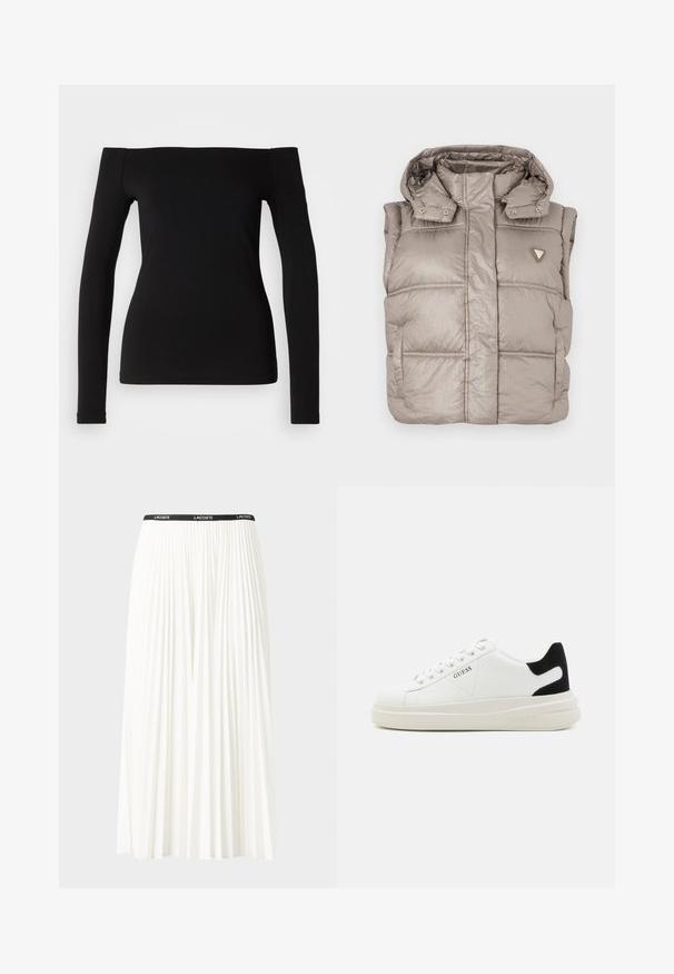 Lekki beżowy kamizelka puchowa o połyskującej powierzchni, z wysokim kołnierzem, zapięciem na napy oraz diamentowym logo po lewej stronie klatki piersiowej.; Czarny top z długim rękawem, odsłaniający ramiona, wykonany z gładkiego materiału, dopasowany krój i bezszwowy dół. Prosty i minimalistyczny styl.; Plisowana biała spódnica z czarnym elastycznym pasem z logo "LACOSTE". Średniej długości, o miękkiej teksturze.; Białe skórzane sneakersy z grubą białą podeszwą, czarnym zamszowym akcentem na pięcie oraz wytłoczonym logotypem z boku. Projekt z sznurówkami i sześcioma dziurkami.