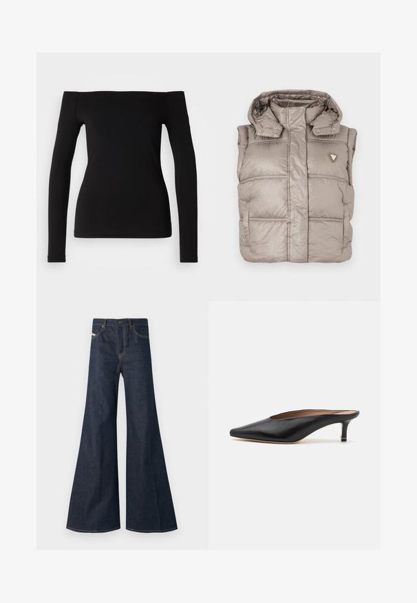 Lightweight beige puffer vest with a shiny finish, high collar, snap buttons, and a diamond logo on the left chest.; Black long-sleeve top with off-the-shoulder neckline, smooth fabric, fitted design, and a seamless hem. Simple and minimalistic style.; Dark blue flared jeans made of denim, featuring a high waist, gold stitching accents, and two front pockets with a button closure.; Black leather mules with a pointed toe and low, block heel. Smooth texture with a sleek design. Open back with minimal detailing.