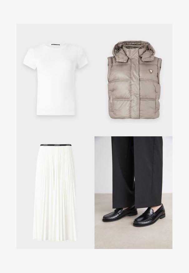 Kevyt beige puffer-vesti, jossa on kiiltävä pinta, korkea kaulus, nappikiinnitys ja timanttilogo vasemmassa rinnassa.; Valkoinen lyhythihainen t-paita, joka on valmistettu ribbikankaasta. Siinä on pyöreä pääntie ja istuva muotoilu, jossa on sileä pinta.; Hame valkoinen pliseerattu hame mustalla joustavalla vyötäröhihnalla, jossa on "LACOSTE"-logo. Puolipitkä malli pehmeällä tekstuurilla.; Mustat nahka loaferit, joissa on sileä pinta, tikattu yksityiskohta varpaiden ympärillä ja matala kumipohja. Yhdistetty leveiden mustien housujen kanssa.