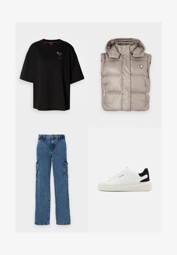 Lengvas smėlio spalvos pūkinis liemenas su blizgiu paviršiumi, aukštu apykakle, spaudžių mygtukais ir deimanto formos logotipu kairėje krūtinės pusėje.; Juoda didelio dydžio medvilninė marškinėlius su trumpomis rankovėmis, su rožine siuvinėta kokteilių stiklo dizaino detale kairėje krūtinės pusėje.; Mėlynos džinsinės cargo kelnės su laisvu siluetu, turinčios dvi šonines kišenes, sutvirtintą siuvimą ir tiesaus kojų dizainą.; Baltos odinės sportbačiai su storu baltu padu, juodu nubuko kulno akcentu ir iškilmingu logotipu šone. Su raišteliais, turinčiais šešis akinius.