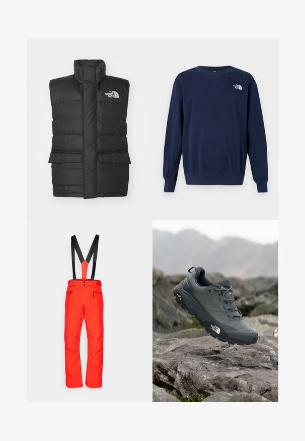 Μαύρο γιλέκο με επένδυση και ψηλό γιακά, διαθέτει μπροστινό φερμουάρ, δύο μπροστινές τσέπες και λογότυπο στο στήθος. Λείο υλικό, κομψός σχεδιασμός.; Σκούρο μπλε φούτερ από μαλακό ύφασμα, με στρογγυλή λαιμόκοψη, μακριά μανίκια και λευκό λογότυπο στο στήθος. Λείο υφάδι και απλός σχεδιασμός.; Salomon EDGE PANT  - Παντελόνι σκι - cherry tomato; Γκρι αθλητικό παπούτσι τρεξίματος με υφή στην επάνω πλευρά, ανθεκτική καουτσούκ σόλα και ενισχυμένη μύτη. Περιλαμβάνει κορδόνια και λογότυπο της μάρκας στο πλάι.