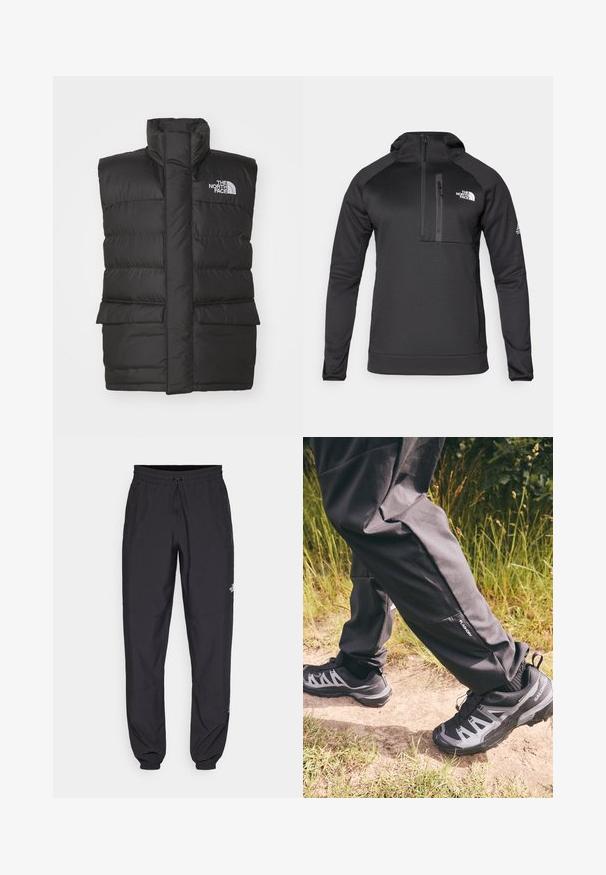Melnas polsterētas vestes ar augstu apkakli, priekšā ar rāvējslēdzēju, divām priekšējām kabatām un logotipu uz krūšu daļas. Gluda tekstūra, elegants dizains.; The North Face MOUNTAIN ATHLETICS HOODED 1/4 - Džemperis ar kapuci - black; Melni sporta bikses, kas izgatavotas no viegla auduma, ar savelcamu jostu, sānu kabatām un sašaurinātiem apakšējiem galiem pie potītēm.; Melnas ūdensizturīgas bikses ar brīvu piegriezumu, kurām ir neliela sānu kabata. Apvienotas ar izturīgām melnām un pelēkām pārgājienu kurpēm ar rakstu.