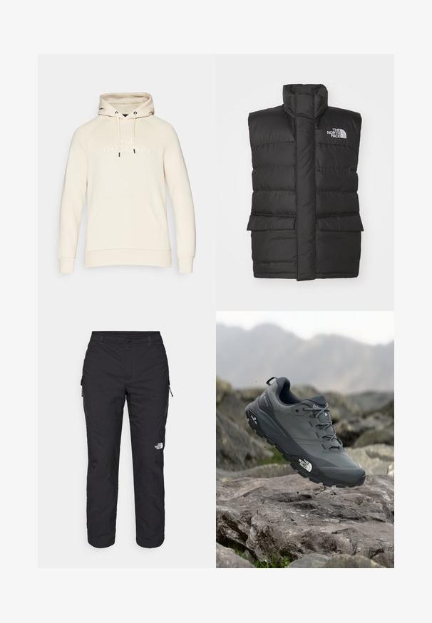 Sort polstret vest med høj krave, foran lynlås, to frontlommer og et logo på brystet. Glat tekstur, slankt design.; Beige pullover hoodie med snørehætte, kængurulomme og præget "Peak Performance" logo på fronten. Blød stoftekstur.; The North Face WINTER EXPLORATION TAPERED CARGO - Outdoorbukser - black; Grå trail løbesko med en tekstureret overdel, slidstærk gummisål og forstærket tåkap. Har snørebånd og mærkelogo på siden.