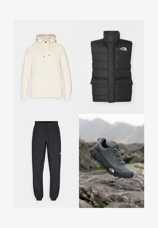 Sort polstret vest med høj krave, foran lynlås, to frontlommer og et logo på brystet. Glat tekstur, slankt design.; Beige pullover hoodie med snørehætte, kængurulomme og præget "Peak Performance" logo på fronten. Blød stoftekstur.; Sorte atletiske bukser lavet af letvægtsstof, med en snor i taljen, sidelommer og tapered manchetter ved anklerne.; Grå trail løbesko med en tekstureret overdel, slidstærk gummisål og forstærket tåkap. Har snørebånd og mærkelogo på siden.