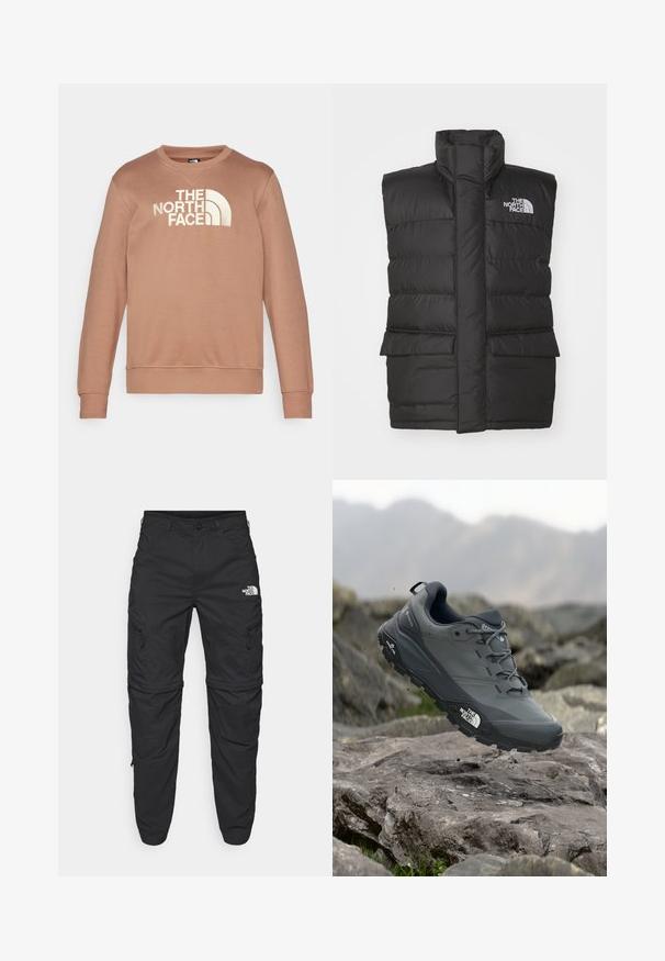 Chaleco acolchado negro con cuello alto, presenta un cierre frontal, dos bolsillos delanteros y un logo en el pecho. Textura suave, diseño elegante.; Sudadera color marrón claro, hecha de una mezcla de algodón, con cuello redondo, puños acanalados y el logo de "The North Face" en blanco roto en la parte frontal.; The North Face EXPLORATION TAPERED CONVERTIBLE - Pantalones montañeros largos - black; Zapatilla de trail running gris con parte superior texturizada, suela de goma duradera y puntera reforzada. Cuenta con cordones y logo de la marca en el lateral.