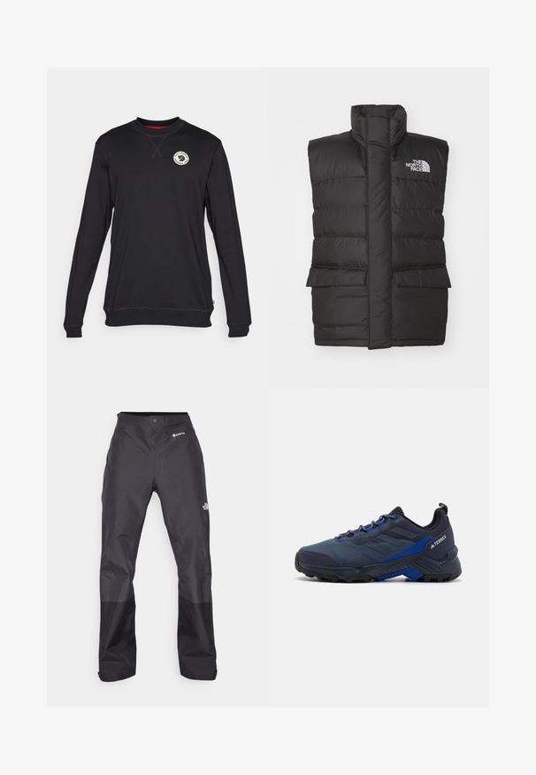 Black padded vest with a high collar, featuring a front zip, two front pockets, and a logo on the chest. Smooth texture, sleek design.; Black long-sleeve sweatshirt with a round neckline, featuring a chest logo, ribbed cuffs, and a solid texture. Red interior collar detail.; Black waterproof pants with a smooth texture, featuring a GORE-TEX logo on the front, and reinforced lower legs for durability.; Men's outdoor shoes featuring a dark blue mesh upper, sturdy black rubber outsole, and blue accents for enhanced visibility and grip.
