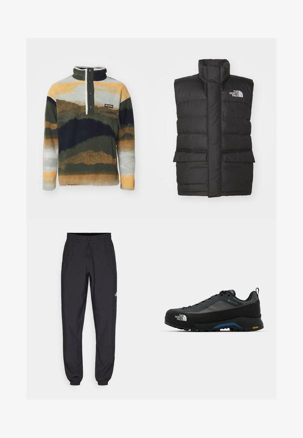 Czarna ocieplana kamizelka z wysokim kołnierzem, z przodem zapinanym na zamek, dwoma kieszeniami z przodu oraz logo na piersi. Gładka tekstura, elegancki design.; Columbia - Bluza z polaru; Czarne spodenki sportowe wykonane z lekkiego materiału, z elastycznym pasem na sznurek, bocznymi kieszeniami i zwężanymi mankietami przy kostkach.; The North Face VERTO ALPINE szary