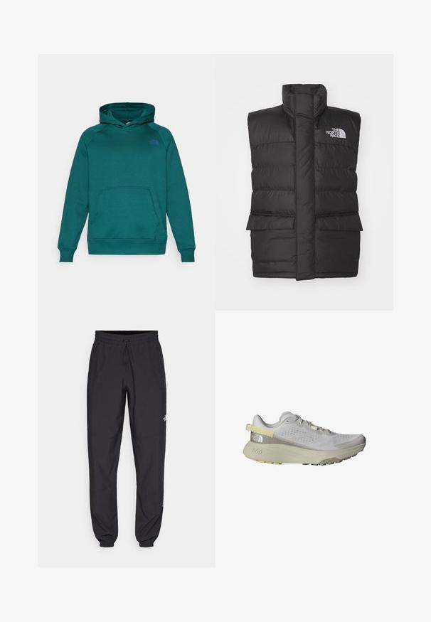 Čierna páperová vesta s vysokým golierom, predným zipsom, dvoma prednými vreckami a logom na hrudi. Hladká textúra, elegantný dizajn.; Tyrkysová mikina s kapucňou, so šnúrkou na stiahnutie, klokánkovou vreckom a rebrovanými manžetami. Na hrudi sa nachádza malá fialová značka. Vyrobená z mäkkého materiálu.; Čierne športové nohavice vyrobené z ľahkej tkaniny, s elastickým pásom na šnurovanie, bočnými vreckami a zúženými manžetami na členkoch.; The North Face ALTAMESA 300 - Trailové bežecké topánky - glacier gray/soapstone