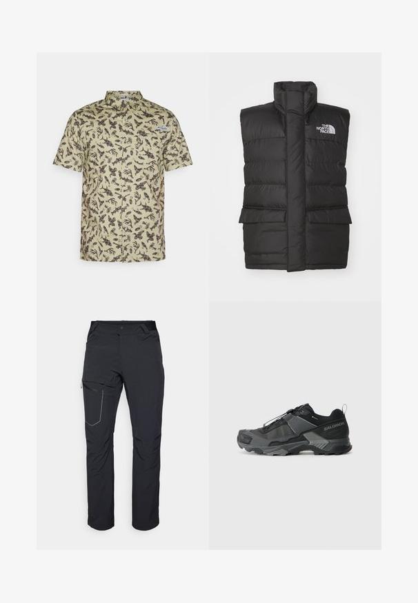 Melnas polsterētas vestes ar augstu apkakli, priekšā ar rāvējslēdzēju, divām priekšējām kabatām un logotipu uz krūšu daļas. Gluda tekstūra, elegants dizains.; Īsām piedurknēm pogājama krekla gaismas zaļā kokvilnā ar tumši brūnu abstraktu rakstu, ar krūšu kabatu un apkakli.; Melni āra bikses ar rāvējslēdzēja sānu kabatu, elastīgu jostasvietu un gludu, ūdensizturīgu audumu. Tīra dizaina bez redzamām emblēmām.; Melnas taku skriešanas kurpes ar izturīgu sieta augšdaļu, pastiprinātu purngala daļu, teksturētu gumijas zoli un elastīgu šņorēšanas sistēmu drošai piegulšanai.