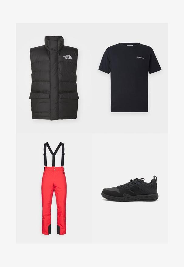 Colete acolchoado preto com colarinho alto, com fecho à frente, duas bolsas frontais e um logotipo no peito. Textura suave, design elegante.; Camiseta preta de manga curta feita de algodão, com um pequeno logotipo branco da Columbia na área do bolso esquerdo do peito. Decote redondo clássico e corte solto.; Colmar SALOPETTE PANTS - Calças de esqui - english red; Sapata atlética preta com um cabedal em malha e camurça, apresentando áreas reforçadas, bico arredondado, sola texturizada e uma aba na parte traseira.