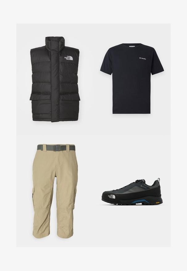 Μαύρο γιλέκο με επένδυση και ψηλό γιακά, διαθέτει μπροστινό φερμουάρ, δύο μπροστινές τσέπες και λογότυπο στο στήθος. Λείο υλικό, κομψός σχεδιασμός.; Μαύρο κοντομάνικο μπλουζάκι φτιαγμένο από βαμβάκι, με μικρό λευκό λογότυπο Columbia στην αριστερή περιοχή του στήθους. Κλασικό στρογγυλό λαιμό και άνετη εφαρμογή.; Μπεζ cargo παντελόνι από υφασμάτινη υφή, με μήκος μέχρι το γόνατο, διαθέτει ζώνη, πλευρικές τσέπες και ίσια γραμμή, σχεδιασμένο για άνεση και χρηστικότητα.; The North Face VERTO ALPINE GORE TEX - Παπούτσια πεζοπορίας - asphalt grey/tnf black