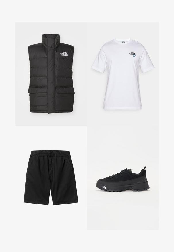 Mustapintainen toppaliivi, jossa on korkea kaulus, etuvetoketju, kaksi etutaskua ja logo rinnassa. Silkkinen rakenne, tyylikäs muotoilu.; The North Face EXPLORE CARABINER RELAXED TEE UNISEX - Printtipaita - white; Mustat shortsit, joissa on joustava vyötärö, sivutaskut ja suora leikkaus. Valmistettu kevyestä kankaasta, jossa on sileä pinta.; Mustamustad välisjalanõud suede ülemise, tekstuuriga kummist tallaga ja tugeva paelaga. Varustatud tugevdatud kanna ja brändi logoga külgedel.