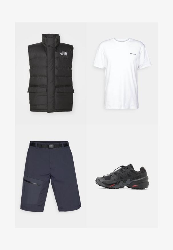 Fekete párnázott mellény magas gallérral, elöl cipzárral, két elülső zsebbel és logóval a mellkason. Simább textúra, elegáns dizájn.; Fehér pamut póló rövid ujjakkal, kerek nyakkivágással, és egy kis fekete Columbia logóval a bal mellen. Puha, letisztult dizájn.; Sötétkék cargo sort fekete övvel, bal lábon cipzáras zsebbel és texturált anyaggal. Összességében egy letisztult, funkcionális dizájn.; Fekete futócipő szintetikus felsőrésszel, textúrázott dizájnnal és kontrasztos piros kiegészítőkkel. Biztosított fűzőrendszerrel és robosztus talppal rendelkezik.