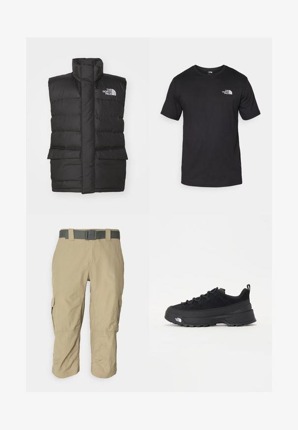 Melnas polsterētas vestes ar augstu apkakli, priekšā ar rāvējslēdzēju, divām priekšējām kabatām un logotipu uz krūšu daļas. Gluda tekstūra, elegants dizains.; Melna īsām piedurknēm T-krekls, kas izgatavots no kokvilnas, ar apaļu dekoltē un nelielu baltu logotipu augšējā kreisajā krūtīs.; Beidzējo krāsas kargo bikses ar teksturētu audumu, līdz ceļgaliem, ar jostu, sānu kabatām un taisnu griezumu, izstrādātas komfortam un lietderībai.; Melni āra sporta apavi ar zamšādas virsu, teksturētu gumijas zoli un izturīgu auklu sistēmu. Iezīmēts ar pastiprinātu papēdi un zīmola logo sānu daļā.