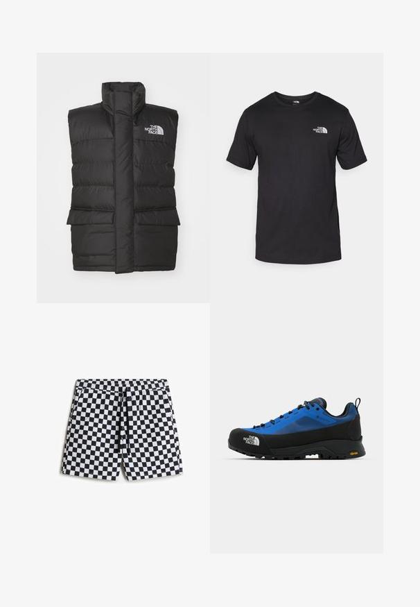 Černá prošívaná vesta s vysokým límcem, má přední zip, dvě přední kapsy a logo na hrudi. Hladká textura, elegantní design.; Černé tričko s krátkým rukávem vyrobené z bavlny, s kulatým výstřihem a malým bílým logem na horní levé části hrudi.; Černobílé kostkované plavecké šortky s elastickým pasem, stahovací šňůrkou a bočními kapsami, vyrobené z hladké, lehké tkaniny.; The North Face VERTO ALPINE GORE TEX - Trekingové boty - hero blue/tnf black