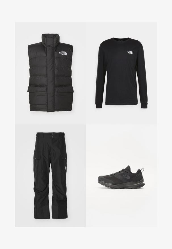 Juodas paminkštintas liemenė su aukštu apykakle, su priekyje esančia užtrauktuku, dviem priekinėmis kišenėmis ir logotipu ant krūtinės. Lygi tekstūra, modernus dizainas.; Juoda džemperis ilgomis rankovėmis, pagamintas iš medvilnės, su baltu logotipu kairėje krūtinės pusėje ir pūstomis rankogaliais. Lygus paviršius su apykakle.; Juodos cargo kelnės, pagamintos iš vandeniui atsparios medžiagos, su dviem šoninėmis kišenėmis, sustiprintu apatiniu kojos regionu ir mygtukine uždarymo sistema juosmens srityje.; Juodos sportinės bateliai su tinklelio viršumi, guminiais padu ir paminkštintu apykakle. Yra raišteliai, logotipas šone ir tekstūruotas dizainas.