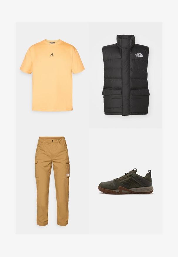 Svart polstret vest med høy krage, med frontglidelås, to frontlommer og logo på brystet. Glatt tekstur, stilrent design.; Gul bomulls T-skjorte med rund hals, korte ermer og en svart kenguru-logo på brystet. Enkel og uforfalsket design.; The North Face EXPLORATION PANTS - Cargobukse - utility brown; Olivengrønne vandresko med en tekstureret overdel, perforeret tåboks, gummisål og kontrasterende brune accenter. Har logo på siden.