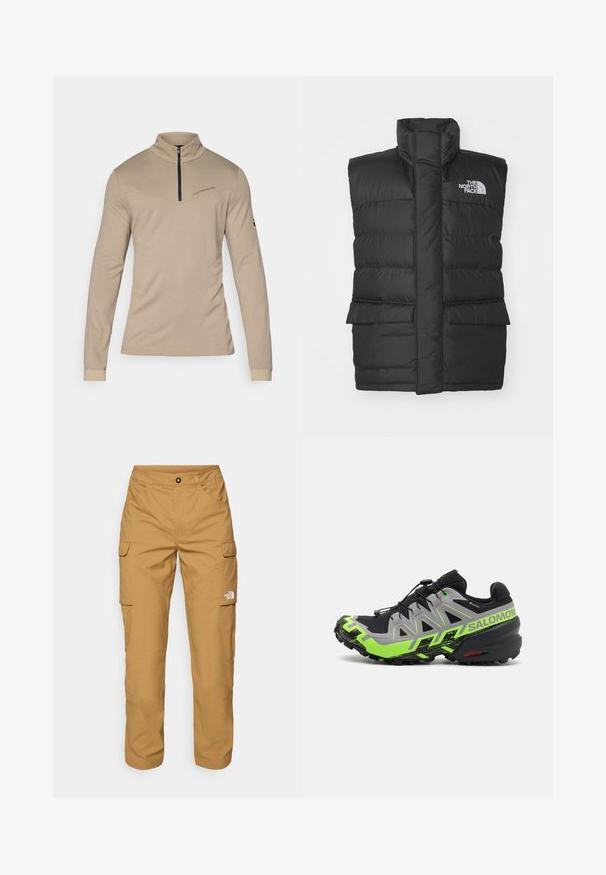 Schwarze gepolsterte Weste mit hohem Kragen, ausgestattet mit einem Frontreißverschluss, zwei Fronttaschen und einem Logo auf der Brust. Glatte Textur, elegantes Design.; Beige Langarmshirt mit hohem Kragen und einem halben Reißverschluss. Verfügt über eine diagonale Naht und dezente Markenkennzeichnung auf der Brust. Sanfte Textur.; The North Face EXPLORATION PANTS - Cargohose - utility brown; Schwarzer und grauer Trail-Laufschuh mit leuchtend grünen Akzenten, ausgestattet mit einer strukturierten Sohle, einem fortschrittlichen Schnürsystem und einem robusten Design.