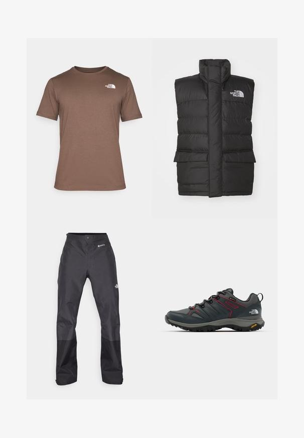 Black padded vest with a high collar, featuring a front zip, two front pockets, and a logo on the chest. Smooth texture, sleek design.; The North Face M SS BOX NSE TEE - Print T-shirt - smokey brown/black; Black waterproof pants with a smooth texture, featuring a GORE-TEX logo on the front, and reinforced lower legs for durability.; Gray hiking shoe with red accents, mesh and synthetic upper, lacing system, and Vibram outsole for traction. Features Gore-Tex for water resistance.