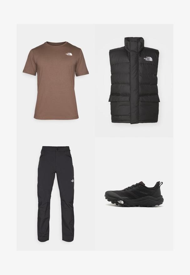 Black padded vest with a high collar, featuring a front zip, two front pockets, and a logo on the chest. Smooth texture, sleek design.; The North Face M SS BOX NSE TEE - Print T-shirt - smokey brown/black; Black outdoor pants with a zippered front pocket, synthetic material, tapered legs, and reinforced knee panels. Features a button closure.; Black trail running shoe with a textured upper, rubber sole, and reinforced toe cap. Features a padded collar and pull tab for easy wear.