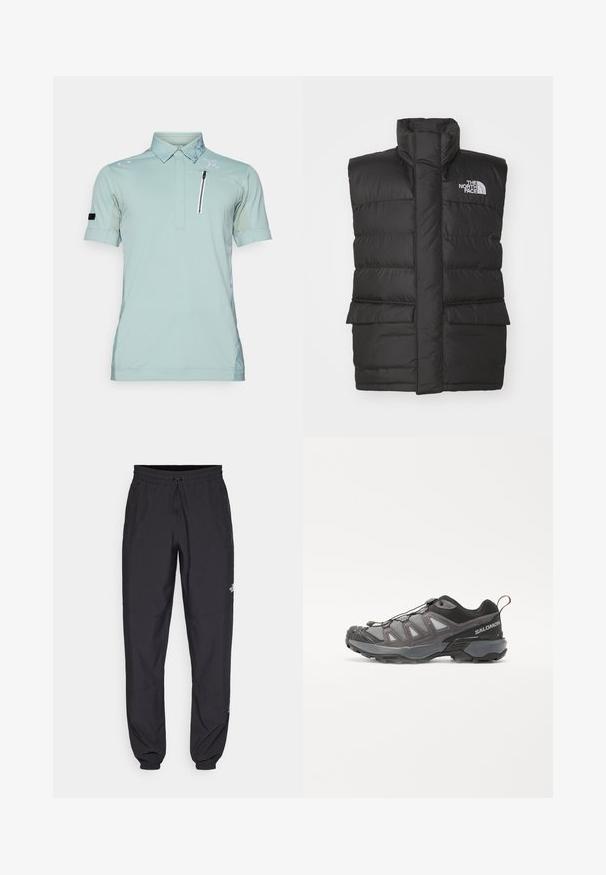 Colete acolchoado preto com colarinho alto, com fecho à frente, duas bolsas frontais e um logotipo no peito. Textura suave, design elegante.; Polo de cor verde-claro com um bolso com zíper, gola estampada, mangas curtas e logótipo no ombro, feito de um tecido respirável.; Calças atléticas pretas feitas de tecido leve, com um cós ajustável por cordão, bolsos laterais e punhos afunilados nos tornozelos.; Sapatilha desportiva com um design aerodinâmico, parte superior em sintético cinza com painéis de malha, detalhes pretos e sola de borracha com tração pronunciada.