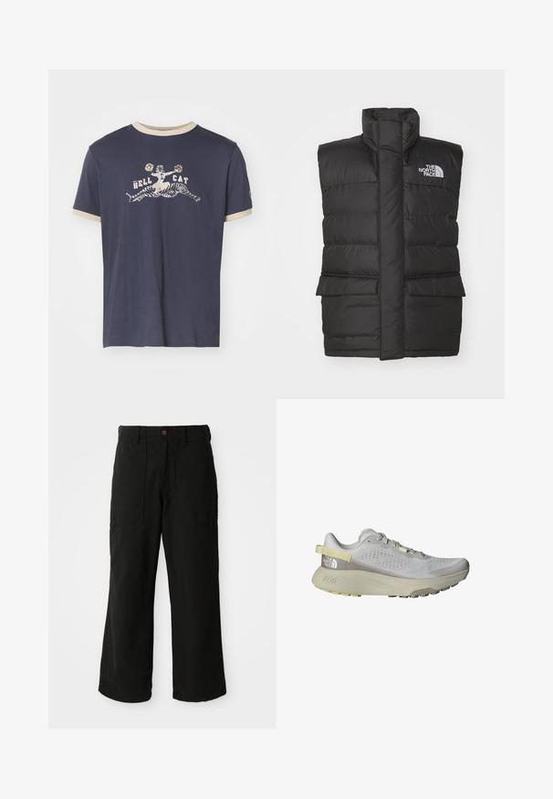 Melnas polsterētas vestes ar augstu apkakli, priekšā ar rāvējslēdzēju, divām priekšējām kabatām un logotipu uz krūšu daļas. Gluda tekstūra, elegants dizains.; Jūras zils kokvilnas T-krekls ar gaiši beige ribotu apaļu kaklu un īsām piedurknēm, uz kura attēlots grafisks attēls ar čempionu, kas sēž uz tīģera.; Melni plati bikses no mīksta auduma, ar priekšējiem kabatām un pogu aizdari j ostā. Minimālistisks dizains bez redzamām rakstzīmēm.; The North Face ALTAMESA 300 - Krosa skriešanas apavi - glacier gray/soapstone