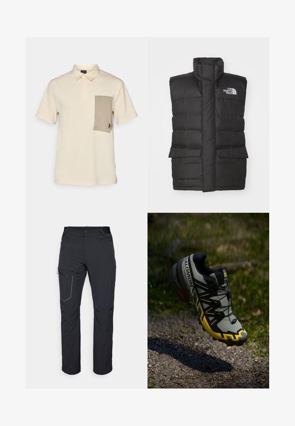Čierna páperová vesta s vysokým golierom, predným zipsom, dvoma prednými vreckami a logom na hrudi. Hladká textúra, elegantný dizajn.; Polo tričko v svetlosandovej farbe s golierom, krátkymi rukávmi a kontrastnou hnedou kapsičkou s logom. Hladká, ľahká tkanina.; Čierne vonkajšie nohavice s vreckom na stehne so zipsom, elastickým pásom a hladkým, vodoodolným materiálom. Čistý dizajn bez viditeľných log. ; Trailová bežecká obuv Salomon v tlmenej sivej farbe s jasne žltými akcentmi. Obsahuje textúrovanú podrážku, bezpečný systém šnurovania a polstrovaný golier.