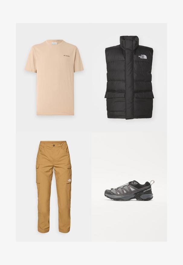 Black padded vest with a high collar, featuring a front zip, two front pockets, and a logo on the chest. Smooth texture, sleek design.; Beige short-sleeve t-shirt made of soft fabric, featuring a round neckline and a small black logo on the left chest. Simple design.; The North Face EXPLORATION PANTS - Cargo trousers - utility brown; Sport shoe featuring a streamlined design, gray synthetic upper with mesh panels, black accents, and a rubber sole with pronounced traction.