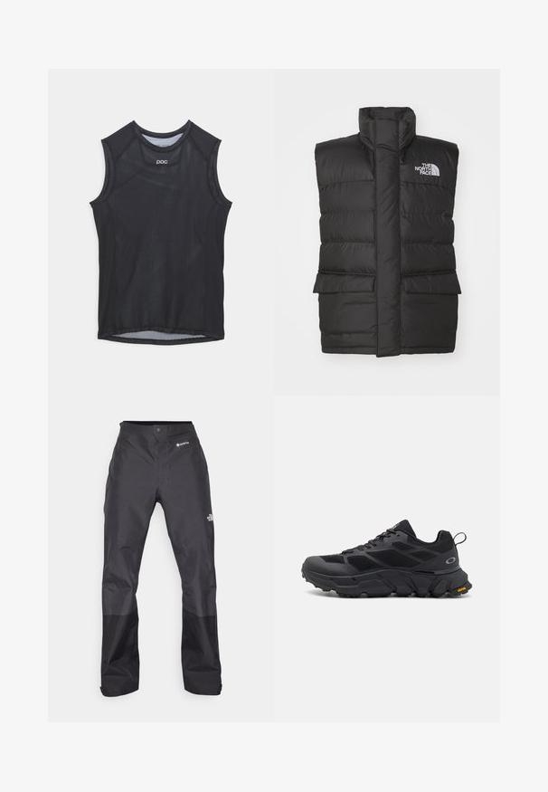Must musternik kõrge kraega, ees lukuga, kahe esipocketiga ja rinnal logoga. Sile tekstuur, nutikas disain.; Mustmata varrukateta sportlik tipp, mis on valmistatud võrgusilma kangast, ümmarguse kaelusega ja tugevdatud käeaukudega. Minimalistlik disain koos peene brändingu jaotusega.; Mustad vettpidavad püksid, millel on sile tekstuur, ees GORE-TEX logo ja tugevdatud alumised jalad vastupidavuse tagamiseks.; Mustavad spordijalatsid tugeva tallaga, võrgust ja sünteetilisest materjalist pealispind, tekstuuriga aktsendid ning Vibram bränding tallal.