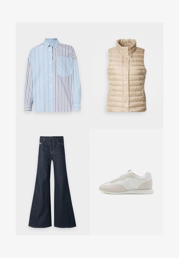 Beeži puffer vest kõrge kraega, horisontaalse õmbluse, nupuga ja kahe küljetaskuga; sile, kerge ja tikitud tekstuur.; Valge kapuutsiga sviiter, mis on valmistatud pehmest kangast, esiküljel on logo "GANT 1949" ja punase/sinise triibuliselt esitlemine, pikkade varrukatega ja reguleeritava kapuutsiga.; Nööpidega särk, millel on vahelduvad helesinised ja mustad triibud, ning ühes rinnakotis. Valmistatud siledast kangast, pikad varrukad.; Tumedat sinavad teksad, mille sirge lõige, kõrge vöökoht, kuldne tikand ja kaks esitaskut nupuga.; Heledad värvi tenniset, mis on valmistatud valgest nahast ja beežist seemisnahast, tekstuurse tallaga ja minimaalse brändingu kujundusega küljes.