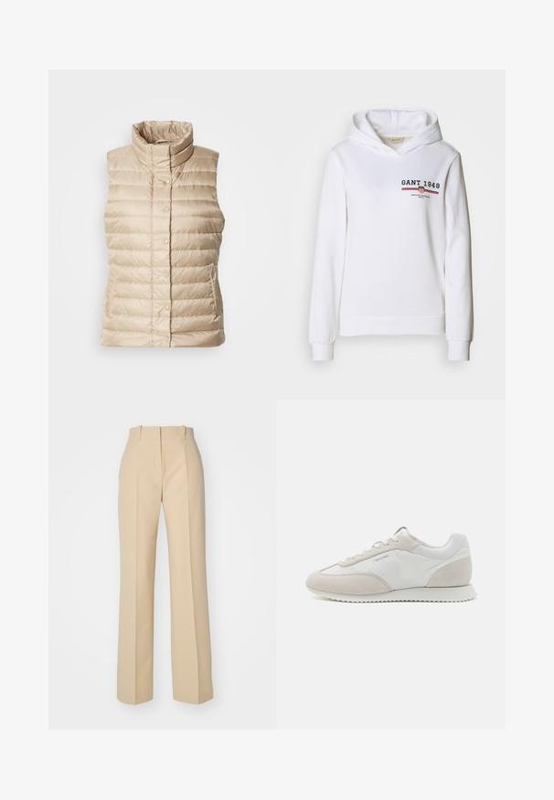 Beige gewatteerde vest met een hoge kraag, horizontale stiksels, drukknoopsluitingen en twee zijzakken; gladde, lichte en gestikte textuur.; Witte hoodie gemaakt van zachte stof, met een voorlogo met "GANT 1949" en rode/blauwe gestreepte accenten, met lange mouwen en een trekkoordkap.; HUGO HULANA - Broek - open beige; Lichtgekleurde sneakers met een mix van wit leer en beige suède, met een textuurzool en minimale branding aan de zijkant.