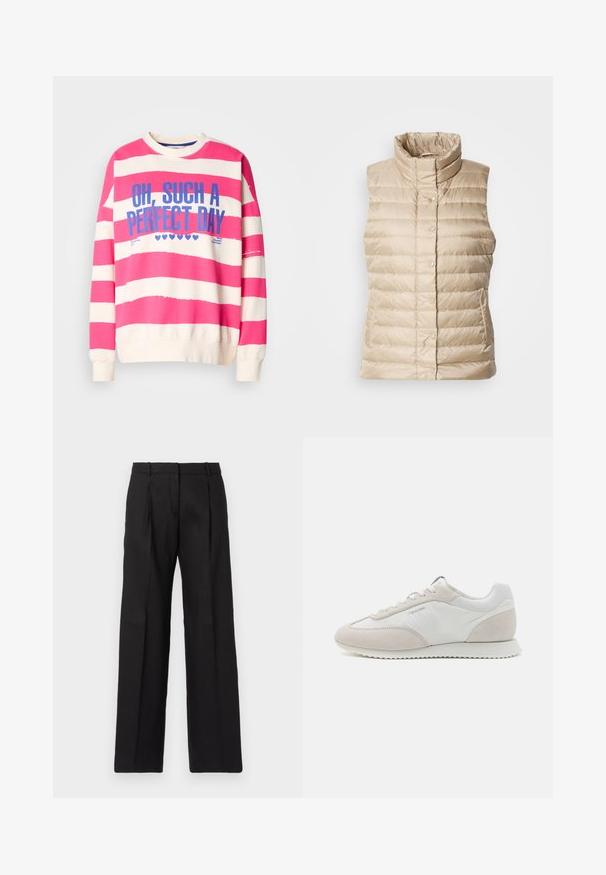 Beige puffertakó mellény magas gallérral, vízszintes varrással, patent gombokkal és két oldalsó zsebbel; sima, könnyű és steppelt textúrával.; Rózsaszín és fehér csíkos pulóver, kerek nyakkal, hosszú ujjal, és kék szöveggel, ami azt mondja: "Ó, MICSODA TÖKÉLETES NAP." Puha pamut anyag.; Fekete, szabott nadrág egyenes szárú fazonnal, éles redőkkel és sima textúrával. Könnyű anyagból készült.; Világos színű edzőcipők, fehér bőr és bézs velúr keverékével, textúrázott talppal és minimális logóval az oldalán.