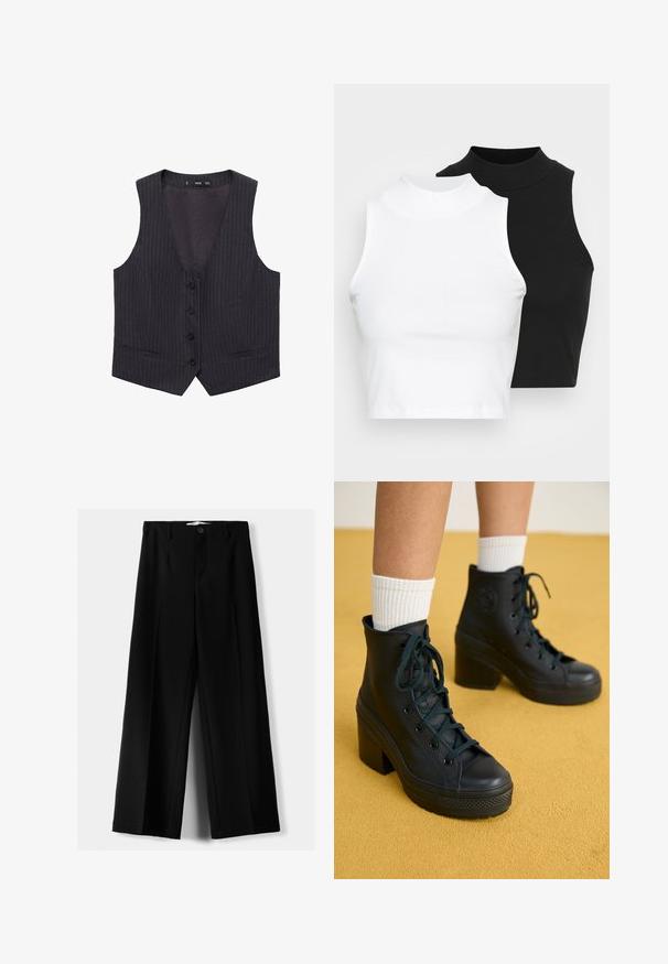 Tummanharmaa raitapaita, jossa on V-kaula-aukko, kuusi etunappia ja kaksi sivutaskua. Valmistettu sileästä kankaasta, joka sopii hyvin päälle.; Kaksi hihattomaa ribattua kauluspaitaa mustana ja valkoisena, joissa on istuva muotoilu ja sileä rakenne, sekä lyhyt pituus.; Mustat leveälahkeiset housut, jotka on valmistettu kevyestä kankaasta. Housuissa on etunappikiinnitys ja tasainen etuosa, sekä huolellisesti ommellut helmat.; Mustat korkeavartiset tennarit, joissa on teksturoitu pinta, nauhoitus, kuminen varvasosa ja paksut korot, yhdistettynä valkoisiin ribattuihin varvasokkiin.