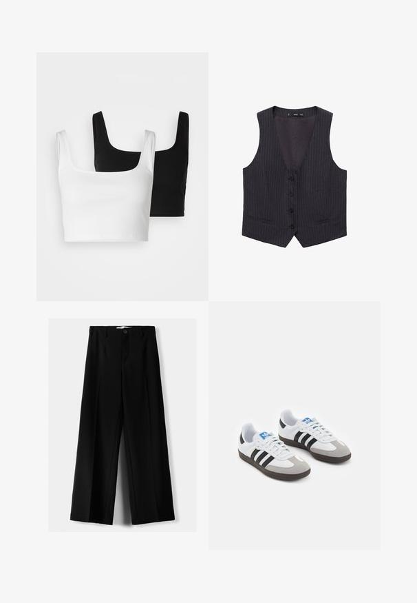 Temno siva prugasta brezrokavnika z V-izrezom, šestimi sprednjimi gumbi in dvema stranskima žepoma. Narejen iz gladkega materiala z natančnim krojem.; Even&Odd 2 PACK - Top - black/white; Črne široke hlače iz lahkega materiala, z zapiranjem na gumb spredaj in ravnim sprednjim delom, s skrbno zašiti robovi.; Športni čevlji z belim usnjenim zgornjim delom, sivim semišem na prstih in tremi črnimi črtami. Imajo modro logo na jeziku in teksturiran gumijast podplat.