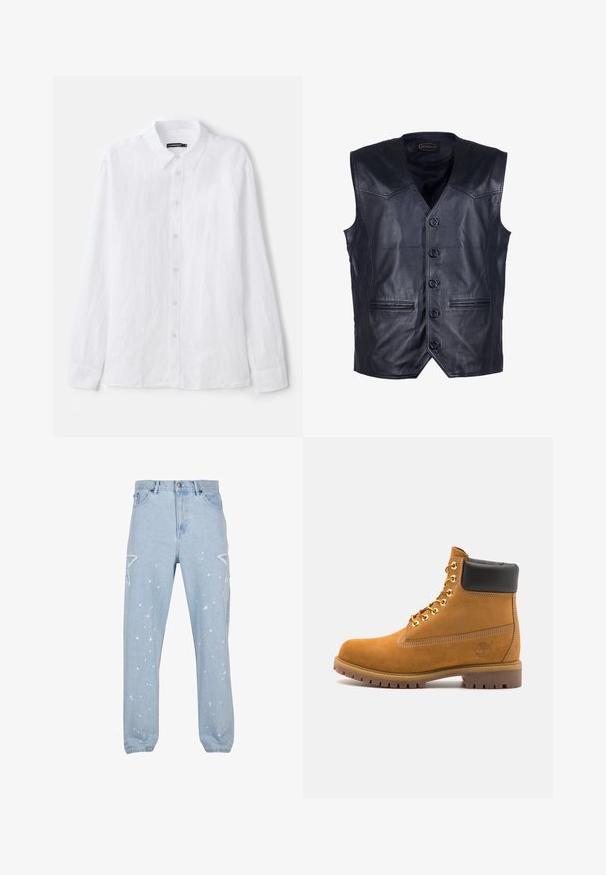 Czarna skórzana kamizelka z dekoltem w kształcie litery V, sześcioma guzikami z przodu, dwoma kieszeniami z przodu oraz gładkim, błyszczącym wykończeniem.; Biała, długa koszula z długim rękawem, zapinana na guziki, wykonana z teksturowanej tkaniny. Posiada klasyczny kołnierz oraz zapięcie na guziki z małymi, okrągłymi guzikami.; Jasnoniebieskie dżinsy o luźnym kroju, z gwiazdkowymi wycięciami, plamkami farby i klasycznym pięciopocketowym wzorem.; Beżowe zamszowe botki sięgające kostki z czarną wyściełaną krawędzią, złotymi oczkami, białymi detalami szycia oraz wytrzymałą gumową podeszwą z wyraźnym bieżnikiem.