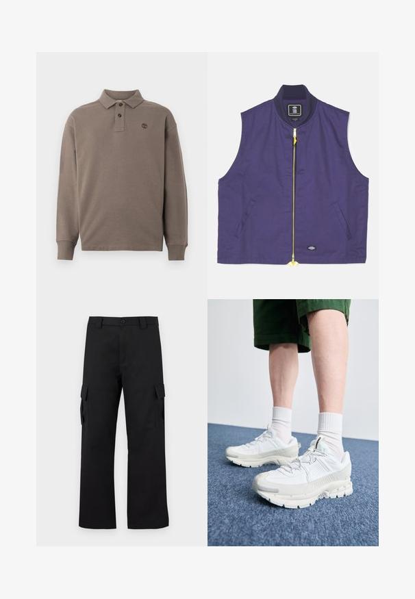 Gilet senza maniche di colore blu navy realizzato in tessuto con una superficie liscia. Presenta una zip gialla, colletto a coste e tasche laterali.; Polo a maniche lunghe in cotone beige scuro, con una placca a due bottoni, polsini a coste e un piccolo logo ricamato sul petto.; Pantaloni cargo neri con design a gamba dritta. Realizzati in tessuto resistente, dotati di due tasche laterali con chiusura a pattina e chiusura con bottone.; Scarpe da ginnastica bianche con sovrapposizioni testurizzate, suola spessa e accenti grigi. Indossate con calze corte bianche e pantaloni corti verdi su una superficie blu.
