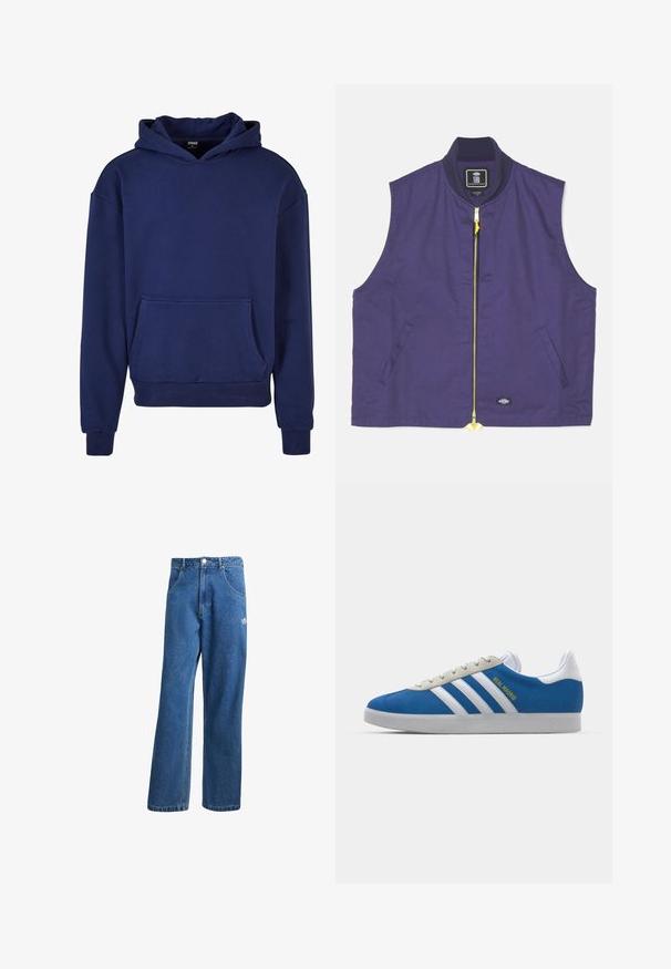 Tengerészkék, ujjatlan felső, sima textúrájú anyagból készült. Sárga cipzárral, bordázott gallérral és oldalsó zsebekkel rendelkezik.; Sötétkék kapucnis pulóver, puha anyagból készült, nagy elülső zsebbel, bordázott mandzsettákkal és szegéllyel, valamint húzózsinórral ellátott kapucnival.; Kék, magas derekú, bő szárú farmernadrág elülső zsebekkel, övhurkokkal, gombos záródással és kicsi Adidas logóval a jobb combon.; adidas Originals ADIDAS GAZELLE SHOES - Beltéri futballcipő - real madrid/bluebird/footwear white/crew yellow