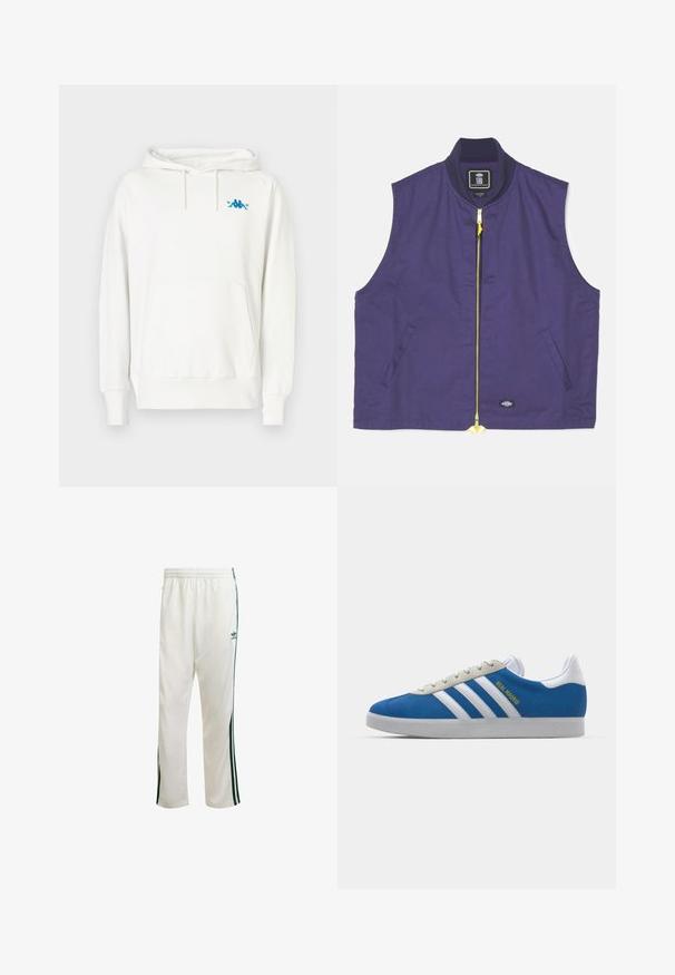 Colete sem mangas azul-marinho feito de um tecido com textura suave. Apresenta um fecho zip amarelo, colarinho canelado e bolsos laterais.; Hoodie branco com um corte padrão, capuz com cordão, bolso canguru e um logo azul da Kappa no lado esquerdo do peito, feito de um tecido macio.; Calças de desporto brancas com riscas verdes laterais, faixa elástica na cintura e um logótipo no lado superior esquerdo. Feitas de um tecido leve.; adidas Originals ADIDAS GAZELLE SHOES - Botas de futebol de salão - real madrid/bluebird/footwear white/crew yellow