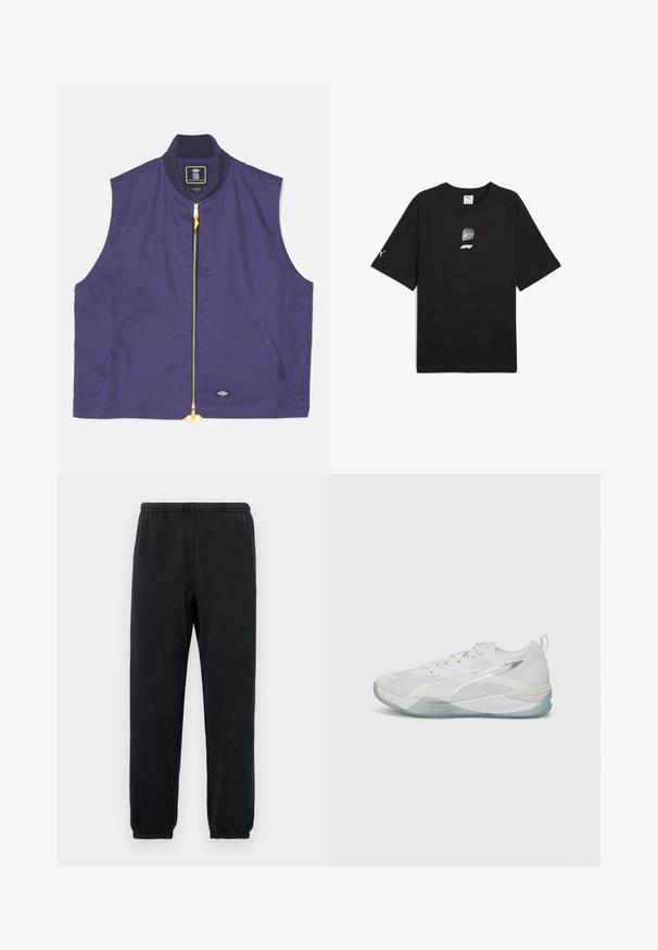 Mornarsko modra brezrokavnica iz tkanine z gladko teksturo. Ima rumen zadrgo, rebrast ovratnik in stranske žepke.; Črna kratkosleeve srajca iz bombaža, ki na sprednji strani vsebuje grafični print dirkaške čelade in logotipa, ter majhen logotip na rokavu.; Črne trenirke z elastičnim pasom in ožjimi gležnji; narejene iz mehke, raztegljive tkanine, z minimalističnim dizajnom brez vzorcev.; Bela športna čevlja z mrežastim zgornjim delom, teksturiranimi prekrivnimi plastmi in prozornim podplatom. Imajo vezalni dizajn in hrbtno zanko za enostavno obuvanje.