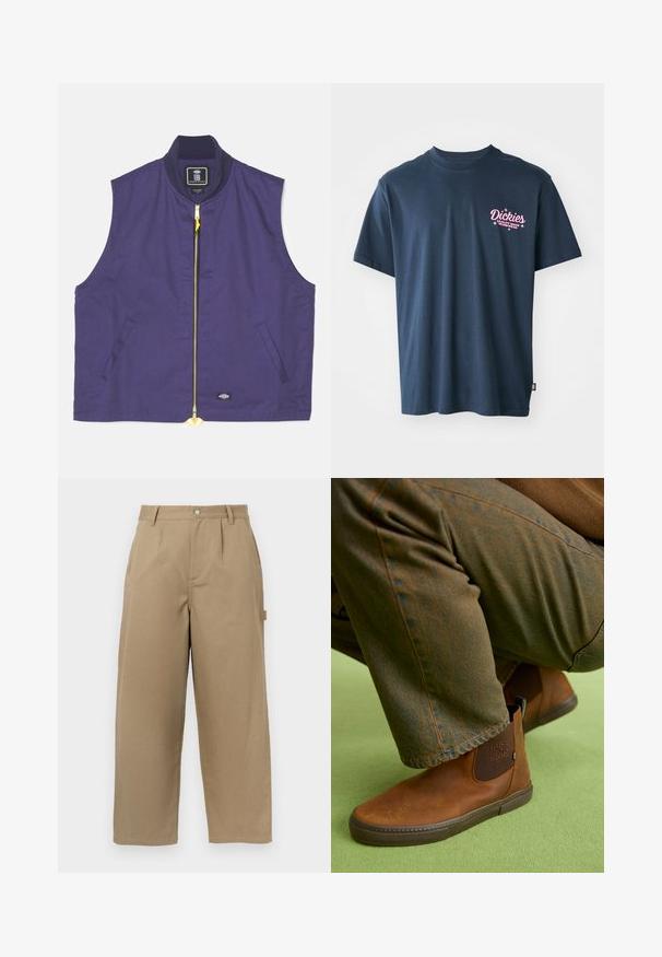 Gilet senza maniche di colore blu navy realizzato in tessuto con una superficie liscia. Presenta una zip gialla, colletto a coste e tasche laterali.; T-shirt in cotone blu navy con un logo stampato rosa sul petto con la scritta "Dickies Quality Made Workwear." Maniche corte, vestibilità standard.; Pantaloni larghi beige in misto cotone, con vita alta, pieghe frontali e due tasche laterali con chiusura a bottone.; Stivaletti alla caviglia in pelle marrone con una finitura liscia, pannelli laterali elastici e suole in gomma, abbinati a pantaloni testurizzati verde scuro.