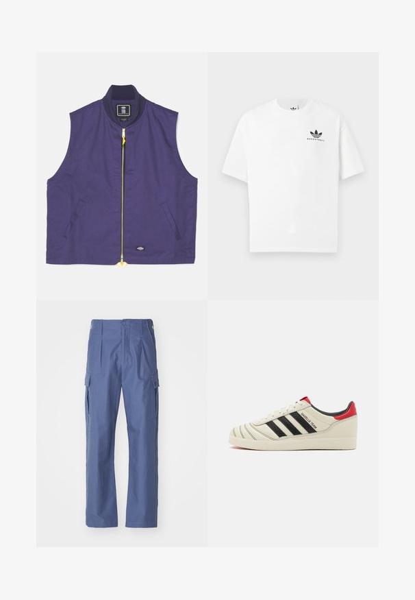 Navy blauwe mouwloze vest gemaakt van stof met een gladde textuur. Beschikt over een gele rits, geribbelde kraag en zijzakken.; Witte katoenen t-shirt met korte mouwen, voorzien van een zwart "BASKETBALL" logo en het iconische drie-streependesign aan de voorkant.; Blauwe cargobroek gemaakt van gestructureerde stof, met zijzakken, een knoopsluiting en een rechte pasvorm.; Crème leren sneakers met zwarte strepen, rode hielaccenten en textuurdetails. Beschikt over een rubberen zool en een vetersluiting.