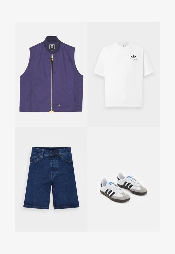 Jūras zilas bezapļa veste, izgatavota no auduma ar gludu tekstūru. Aprīkota ar dzeltenu rāvējslēdzēju, ribotu apkakli un sānu kabatām.; Baltas kokvilnas T-krekls ar īsām piedurknēm, uz kura priekšpuses ir melns "BASKETBALL" logs un ikoniskais trīs svītru dizains.; Tumši zili džinsu šorti ar taisnu griezumu, piecu kabatu dizainu un pogu aizdari. Iezīmējas ar smalku nodilumu un standarta šuvēm.; Sporta apavi ar balto ādas virsu, pelēku zamšādas purngalu un trim melnām svītrām. Iezīmē zilu logotipu uz mēles un teksturētu gumijas zoli.