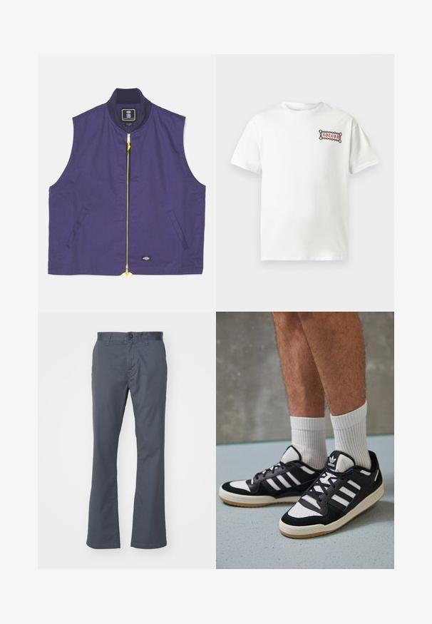 Chaleco sin mangas azul marino hecho de una tela de textura suave. Cuenta con un zipper amarillo, cuello de canalé y bolsillos laterales.; Camiseta de algodón blanca con un pequeño logo bordado en rojo de "Volcom" enmarcado por un contorno decorativo. Mangas cortas y escote redondo.; Pantalones rectos de color gris oscuro, confeccionados en una mezcla de algodón, con cierre delantero de botón, pasadores para cinturón y bolsillos estándar. Textura suave.; Zapatillas en blanco y negro con parte superior de ante y cuero, que presentan tres franjas blancas, una puntera perforada y una suela de goma.