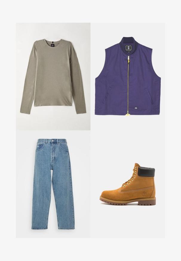Gilet senza maniche di colore blu navy realizzato in tessuto con una superficie liscia. Presenta una zip gialla, colletto a coste e tasche laterali.; Top a maniche lunghe e collo tondo in tessuto grigio chiaro. Presenta cuciture piatte e spacchi laterali per facilitare i movimenti, con una texture liscia e morbida.; Jeans in denim azzurro chiaro con vita alta e vestibilità rilassata, dotati di due tasche frontali, una tasca a toppa sul retro e chiusura con bottone.; Stivale alla caviglia in suede tan con collare imbottito nero, occhielli in metallo dorato, dettagli in cucitura bianca e suola in gomma robusta con battistrada pronunciato.